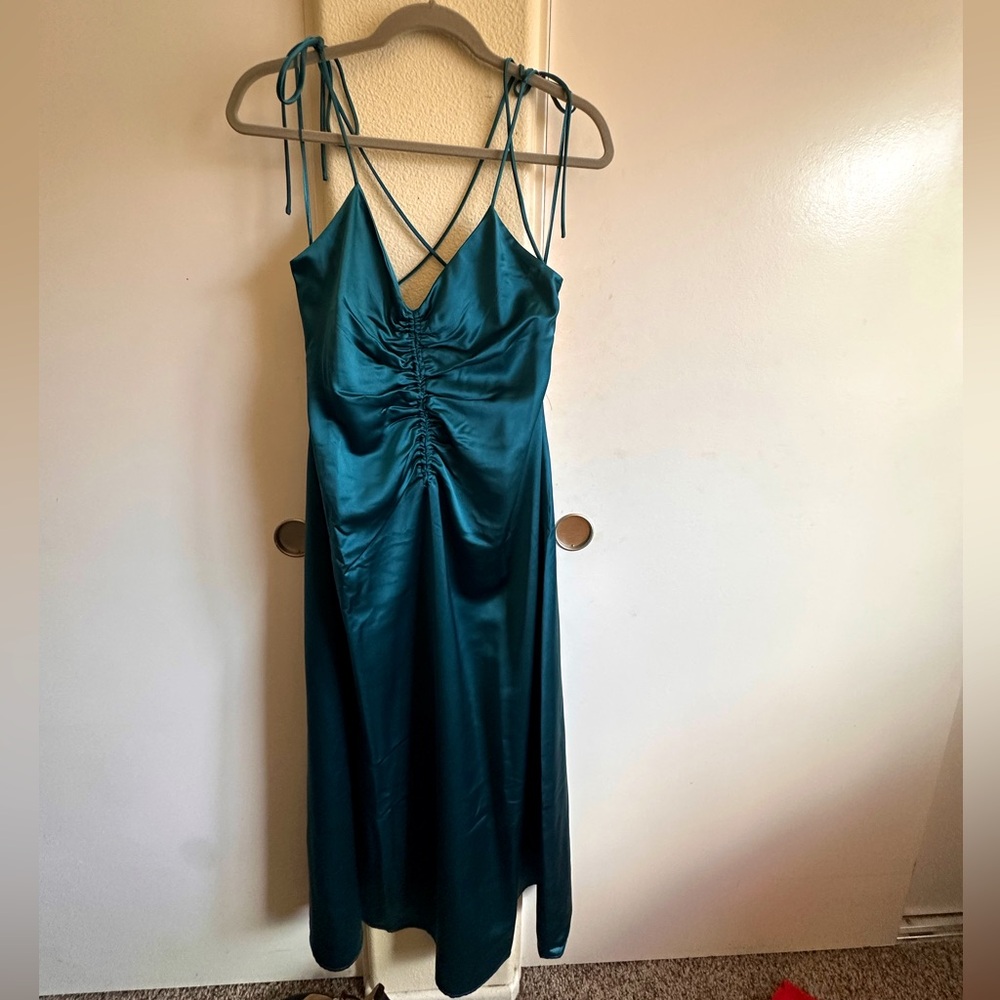 Teal Satin Midi Dress with Tie Straps